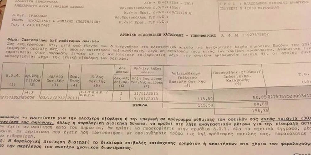 Η ΑΑΔΕ ζητάει 200 ευρώ από… πεθαμένο στα Τρίκαλα!
